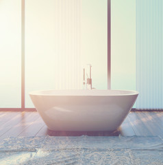 Naklejka na ściany i meble White Bathtub Inside a Bathroom Lit by Sunlight