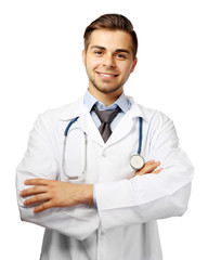 Fototapeta premium Male doctor with stethoscope isolated on white