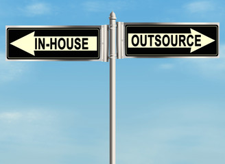 Outsourcing. Road sign on the sky background. Raster illustration.