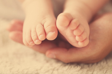 Adult hands holding baby feet, closeup