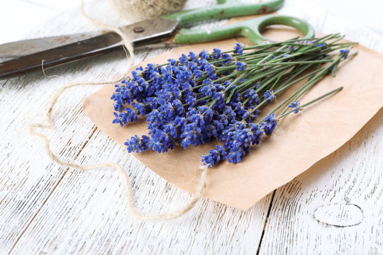 Fresh lavender with rope and scissors on parchment on wooden table, closeup