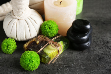 Beautiful composition of spa treatment on dark background