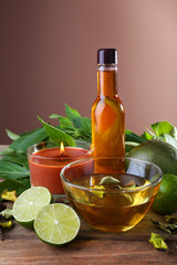 Spa still life on wooden table on brown background
