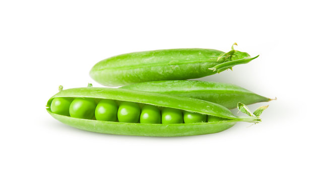 Three green peas in pods rotated