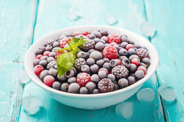 Plate of fresh frozen berries on a turquoise background, closeup