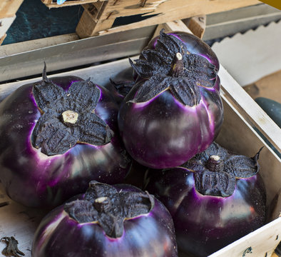 Purple eggplants in a market.