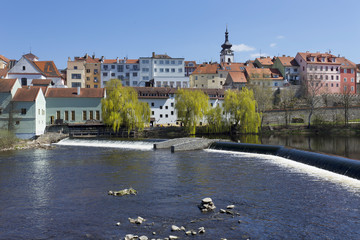 Obraz premium Colorful medieval Town Pisek above the river Otava, Czech Republic