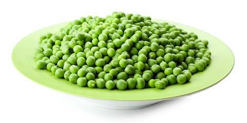 Fresh green peas in bowl isolated on white