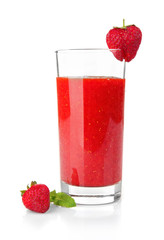 Glass of strawberry smoothie with berries isolated on white