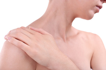Obraz na płótnie Canvas Young woman with shoulder pain close up