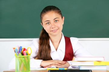 Beautiful little schoolgirl in classroom near blackboard