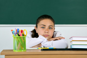 Beautiful little schoolgirl in classroom near blackboard