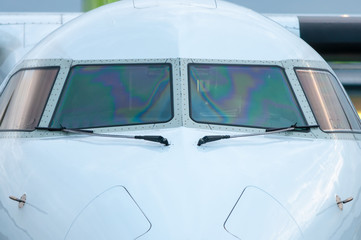Fototapeta premium White Cockpit or cabin crew of aircraft witout pilot. Close-up
