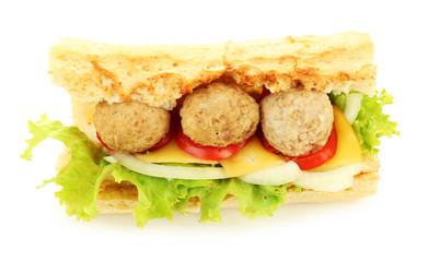 Homemade Spicy Meatball Sub Sandwich isolated on white