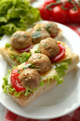 Meatball Sandwiches on wooden table background