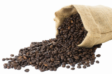 Coffee beans and sack isolated