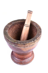 wooden mortar and pestle isolated on white background