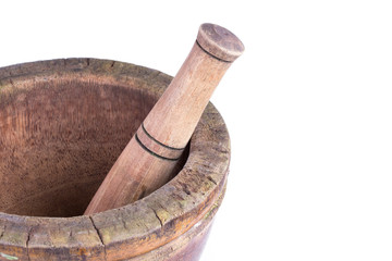 wooden mortar and pestle isolated on white background