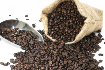 Coffee beans and sack isolated