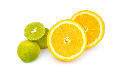 Slice of fresh orange and Slice of fresh lime on white backgroun
