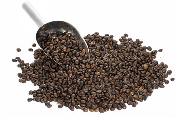 Roasted coffee beans on white background