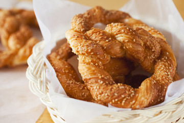 crispy twist bread with seasame in basket