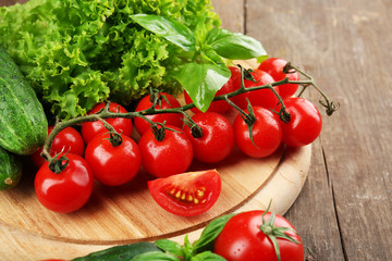 Fresh vegetables on wooden table, closeup
