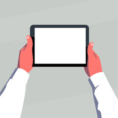 Male hands holding blank tablet horizontally.
Retro style illustration.