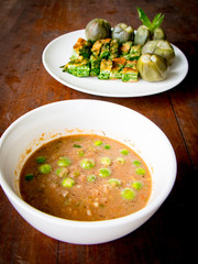 Nam Prik Ka Pi, Thailand chili sauce style with vegetable, Nam Prik Ka Pi is delicious and famous of food in Thailand. - obrazy, fototapety, plakaty