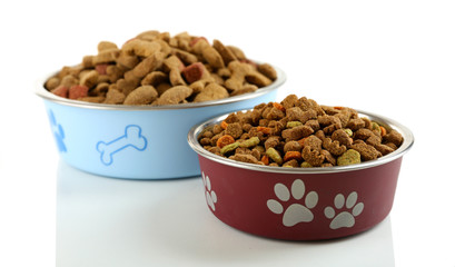 Dog food in bowls, isolated on white