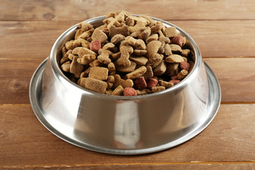 Dog food in bowl on wooden table