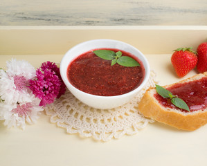 Canned strawberry confiture and jam sandwich