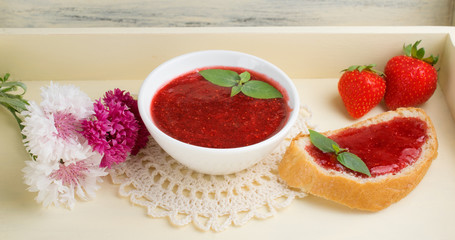 Canned strawberry confiture and jam sandwich