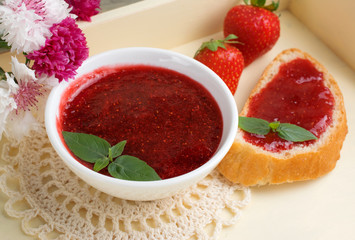 Canned strawberry confiture and jam sandwich
