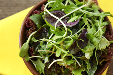 Fresh mixed green salad in bowl on table close up