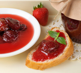 Canned strawberry confiture and jam sandwich