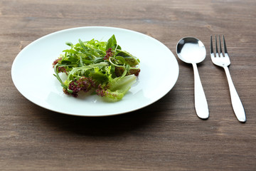 Plate of fresh mixed green salad on wooden table close up