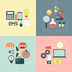 Four icons groups on four different topics: business, science, study and travel