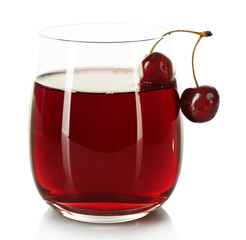 Glass of fresh juice with cherries isolated on white