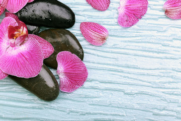 Violet orchid and zen stones close-up