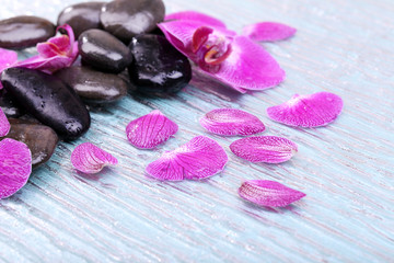 Violet orchid and zen stones close-up