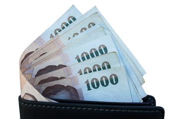 Thai money in black wallet isolate background