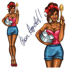 Pretty housewife with pot and spoon. 