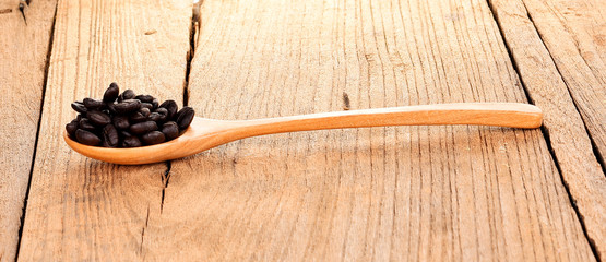 Coffee beans in wooden spoon