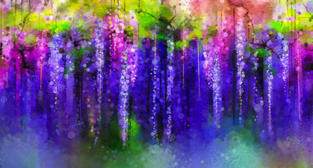 Naklejka premium Abstract violet, red and yellow color flowers. Watercolor painting. Spring purple flowers Wisteria tree in blossom with bokeh background