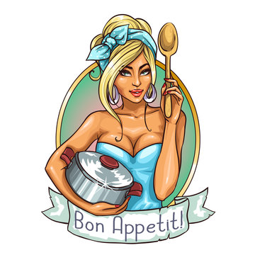 Pretty housewife with pot and spoon.