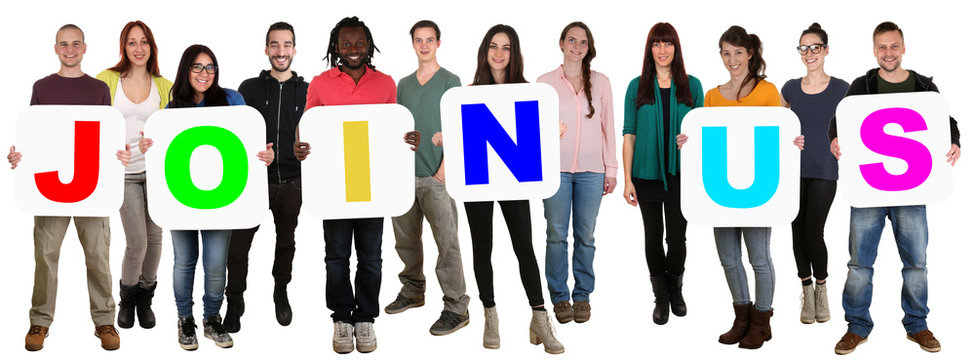 Group of young multi ethnic people holding word join us
