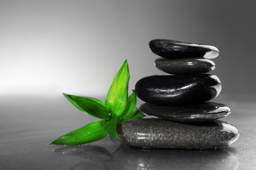 Stack of wet spa stones with green leaves on gray background