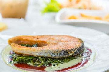 Grilled Salmon Steak with Spinach