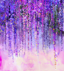 Abstract Violet color flowers. Watercolor painting. Spring purple flowers Wisteria in blossom with bokeh background - obrazy, fototapety, plakaty